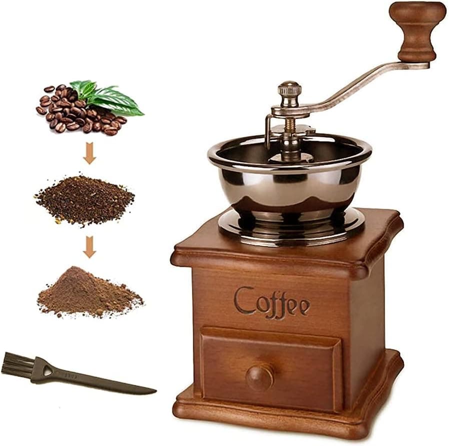 Manual Coffee Grinder, Vintage Antique Style Wooden Coffee Grinder, Classic Hand-cranked Coffee Grinder with Drip Coffee Brush