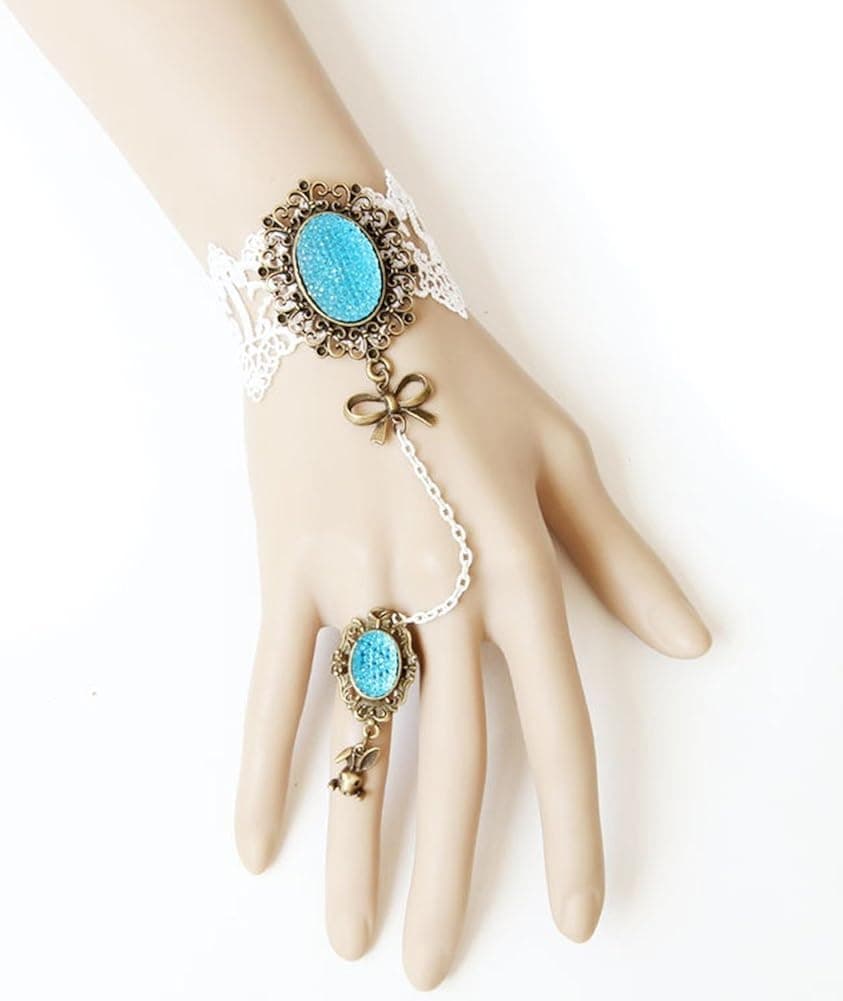 1Pcs White Handmade Love Sea Lace Bowknot Rabbit Bracelet with Finger Ring Set