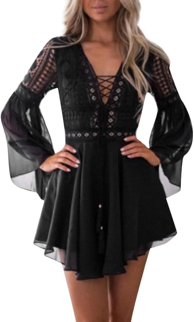 Women Boho Lace Hollow Long Sleeve Cocktail Party Bandage Beach Dresses