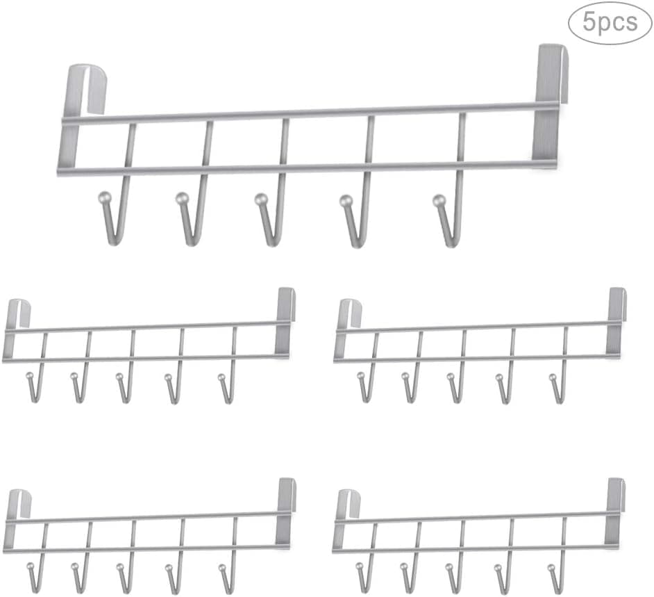 Over The Door Hook Hanger with 5-Hooks, Wall-Mounted Coat Rack, Nail-Free Door Organizer Rack for Towel, Bag, Robe, Hats, Brush (Silver, 5Packs)