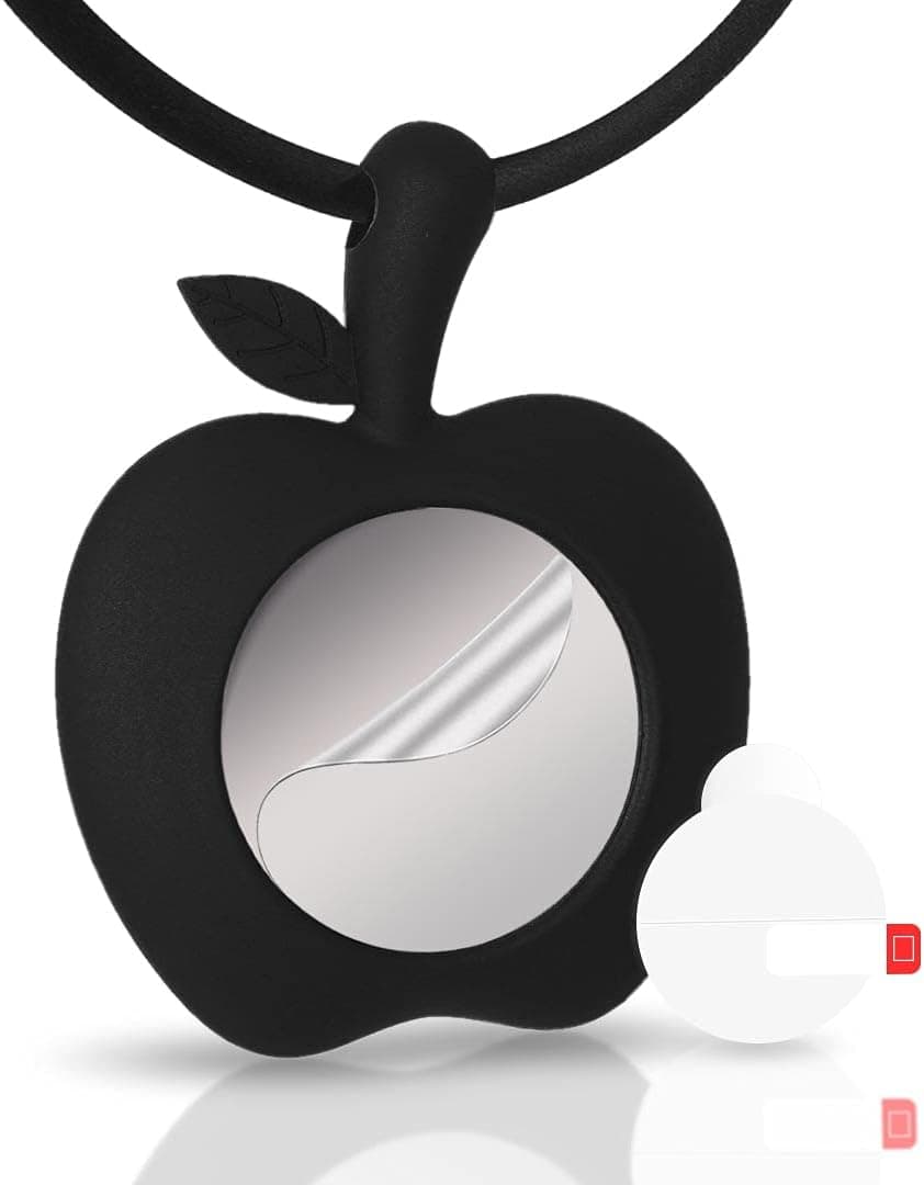 Generic CareTag Apple Airtag Necklace with Adjustable Stopper and Screen Protector Film Included, TPU Silicone Protective Cover with 29 inch Elastic Necklace, 05 Apple Black