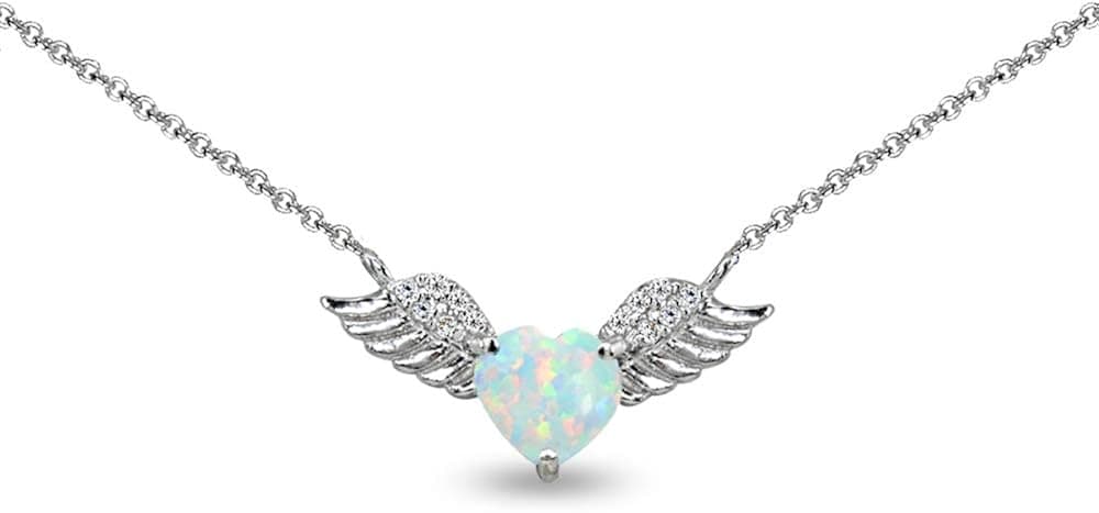 B. BRILLIANT Sterling Silver Genuine or Synthetic Gemstone Heart Angel Wings Short Necklace, 15 Inches + Extender