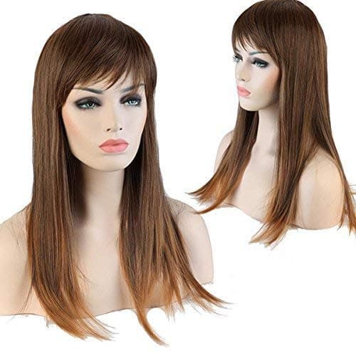 S-noilite Long Synthetic Wigs Straight Fluffy Hair Curly Spiky Wig with Bang Heat Resistant Cosplay Wig for Halloween Christmas Party Anime Costume 23"(Brown to Coffee)