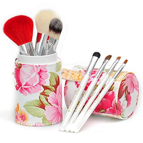 Quality-perfect ZOREYA Vintage Watercolour Pu Leather Cup + Cosmetic Makeup Natural Animal Hair Brush Set Kit 7 Pcs (Pinkfloral)