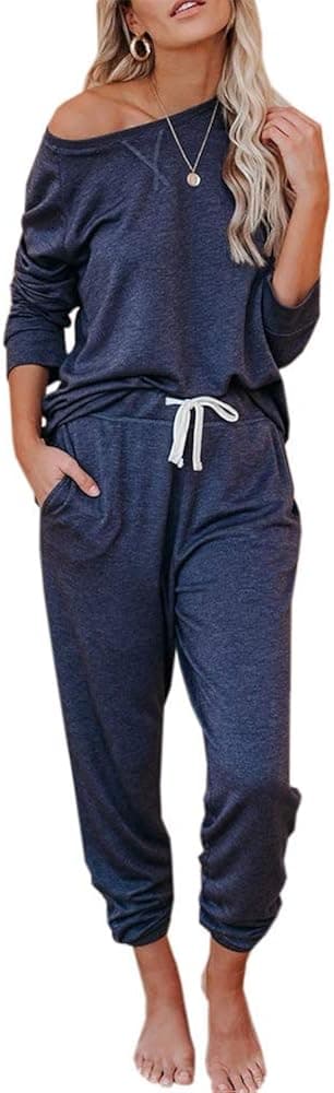 Womens Lounge Sets Sweatsuit 2 Piece Loungewear Long Sleeve Crewneck Sweatshirts Sweatpants Navy Blue