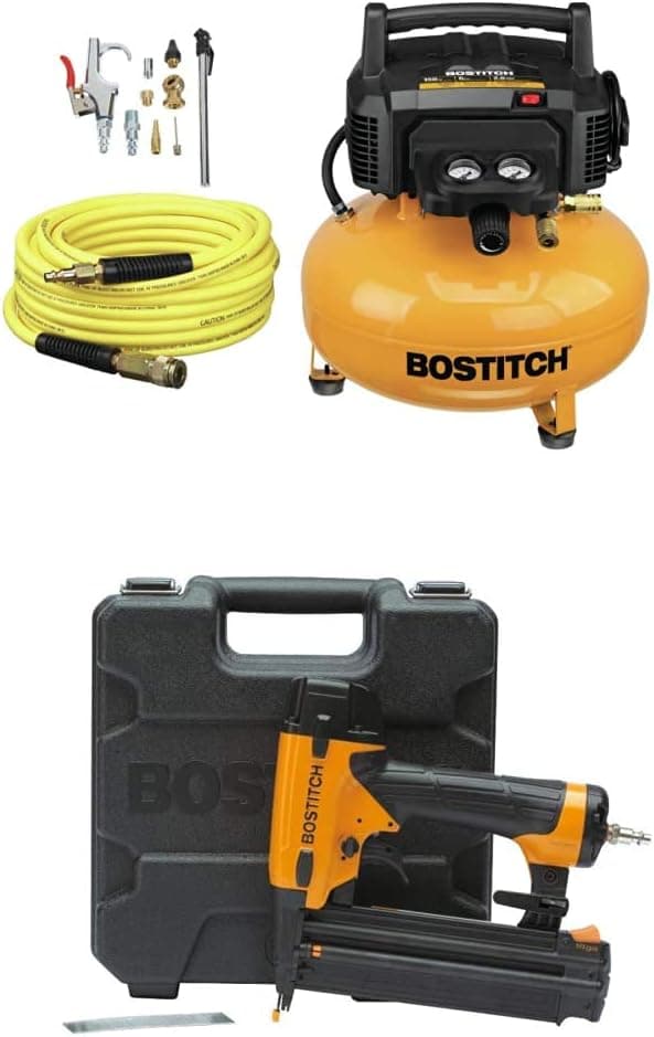 BOSTITCH BTFP02012-WPK 6-Gallon 150 PSI Oil-Free Compressor Kit with Gauge Brad Nailer
