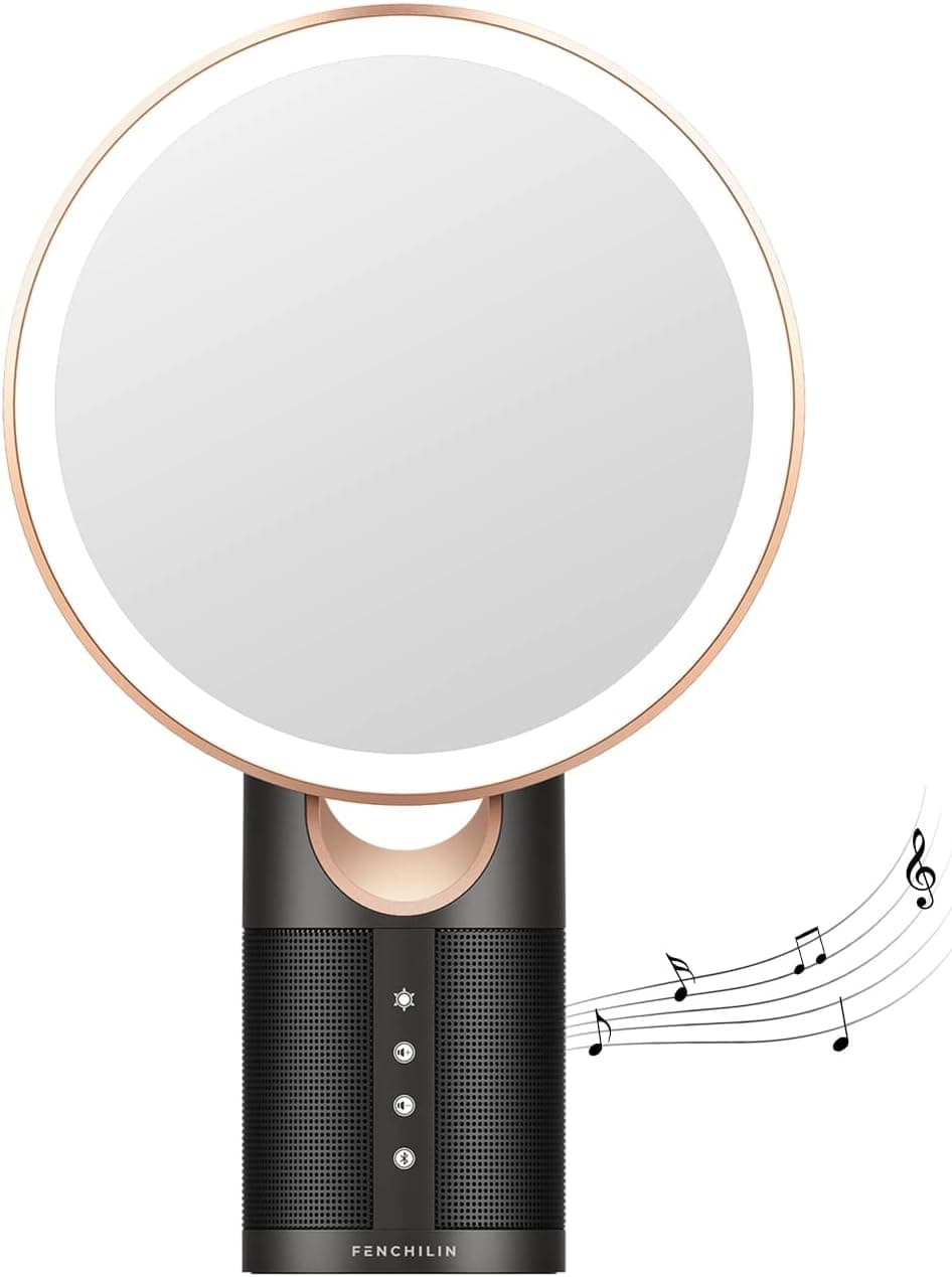 FENCHILIN Lighted Makeup Mirror with Lights and Bluetooth Speaker,Three Colors Lights with Dimmable Lights Rechargeable Power
