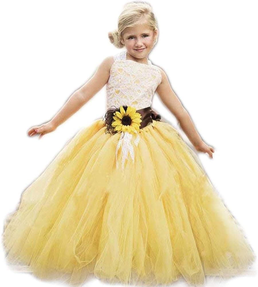 luolandi Yellow Tulle with Sunflower Belt Flower Girl Dress for Communion Pageant Dresses