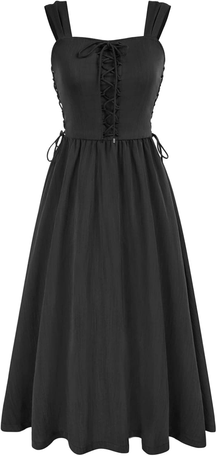Scarlet Darkness Women Renaissance Summer Midi Dress Cottagecore Sleeveless Sweetheart Lace Up Dress