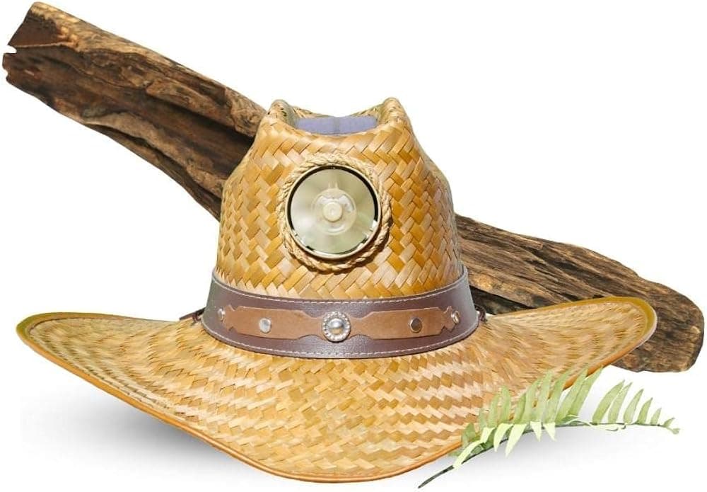 KOOL BREEZE SOLAR HAT Men's Cowboy w/Band - Straw Hat - Solar Panel Hat - Hat with Fan - Solar Powered Fan Hat