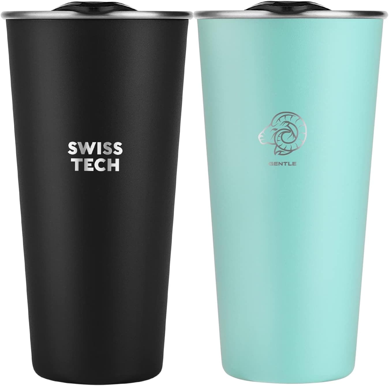 Swiss+Tech 16oz Stainless Steel Cups, 2 Pack Double Wall Pint Cup Glasses, Insulated Tumbler with Lid, Durable Cups(Green&Black)