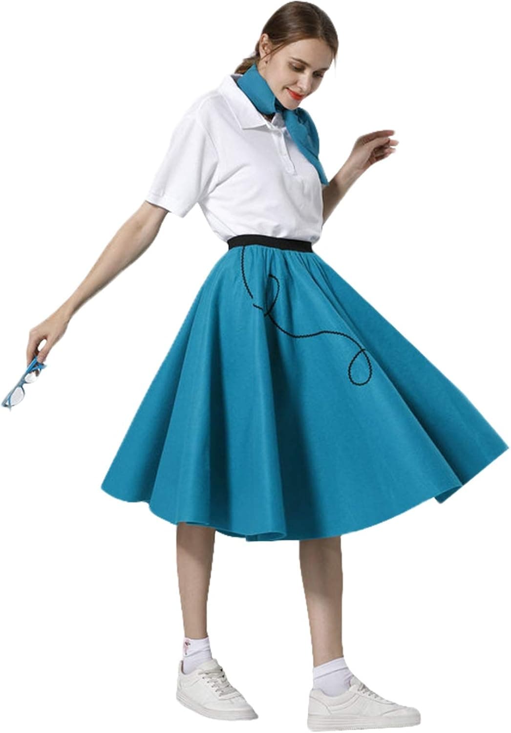hahomin Adult 4 Piece Poodle Skirt 1950s Girls Costume Accessory Set - Glasses, Skirt, Scarf, Socks