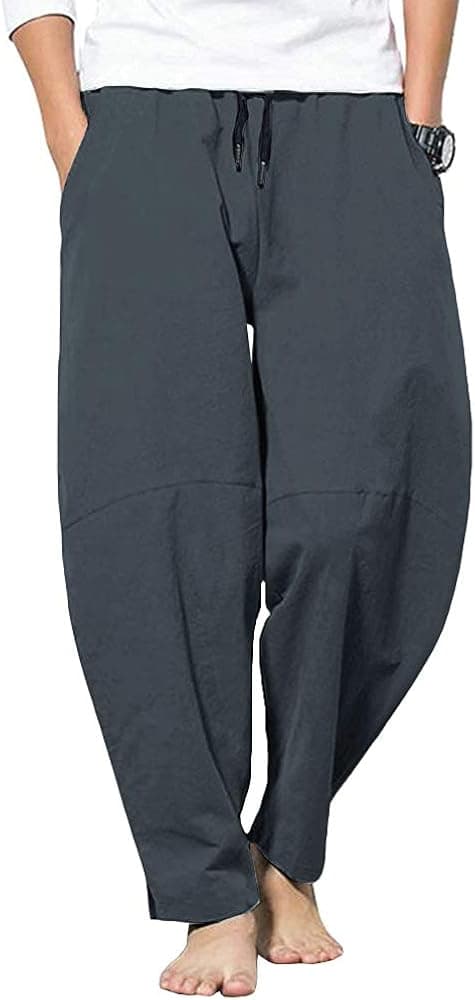 Gafeng Mens Linen Pants Yoga Loose Fit Casual Elastic Waist Summer Beach Baggy Harem Trousers