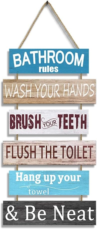POSCHNOR Bathroom Wall Decor Art, Rustic Bathroom Wall Decor, Cute Farmhouse Bathroom Rules Sign, Funny Bathroom Rules Wooden letter.
