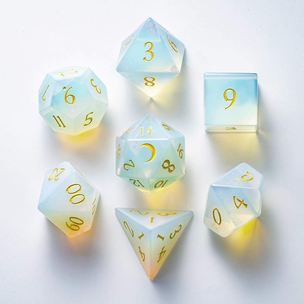 Opalite 7 Pieces D&D Gemstone Dice Set DND Polyhedarl Dice Set with Velvet Dice Bag for Dungeons and Dragons RPG Games