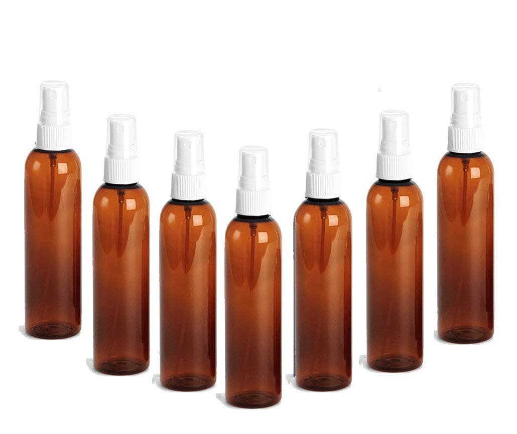Amber PET Cosmo Plastic Bottle (PBA Free) 4 Oz w/White Fine Mist Spray Atomizer (6 Bottle Pack) by Grand Parfums