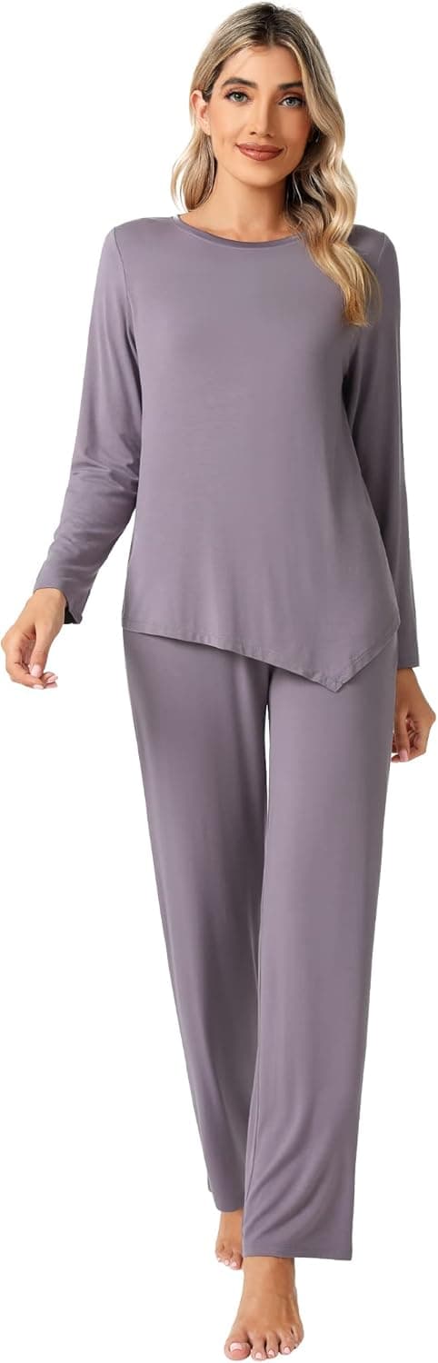 WiWi Bamboo Pajamas Set for Women Soft Long Sleeve Pj Sleepwear Knit Jammies Pants Lounge Sets Loungewear S-XXL
