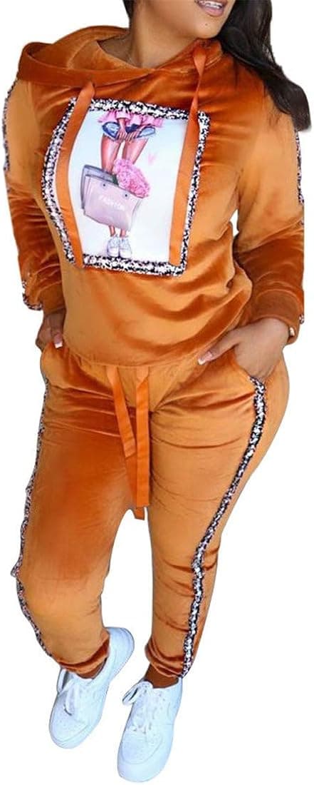 OLUOLIN Womens 2 Pieces Velour Outfit Hooded Tracksuit Casual Print Sweatsuits