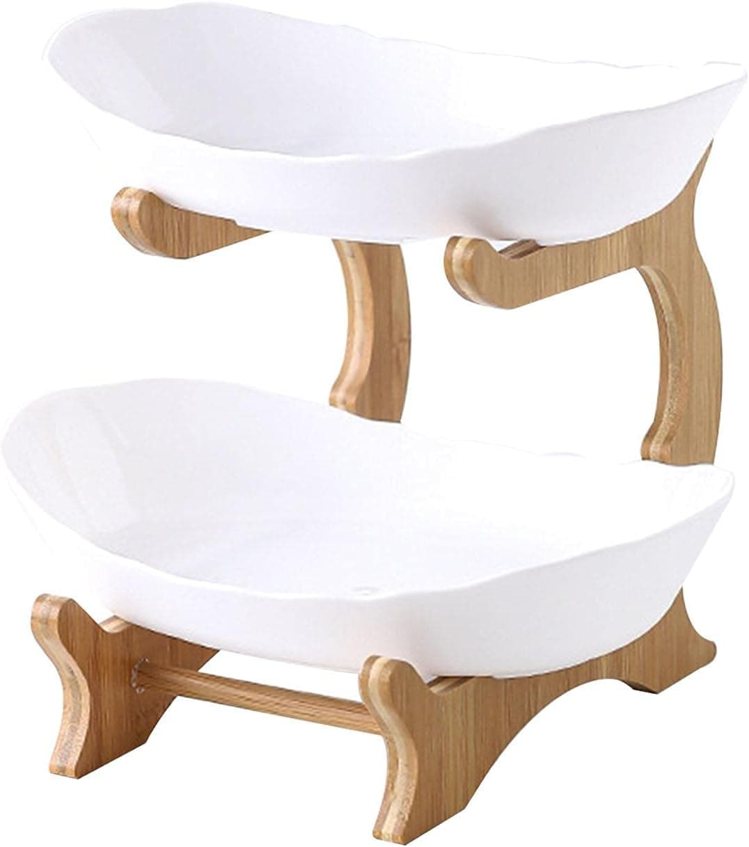Fruit Basket Fruit Tray, PP Fruit Bowl Serving with Bamboo Stand, 2 Tier Fruit Holder-Tiered Serving Tray for Desktop Display Modern Storage Rack (NOT CERAMIC)
