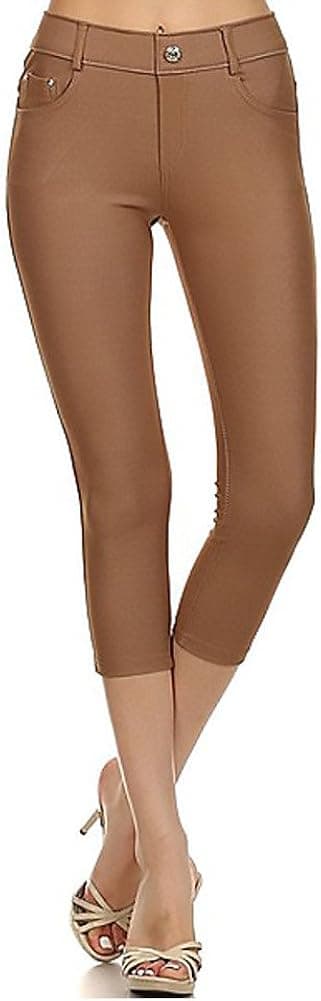 Women's Stretchy Skinny Jeggings Shorts Capri Pull On Style Khaki Medium