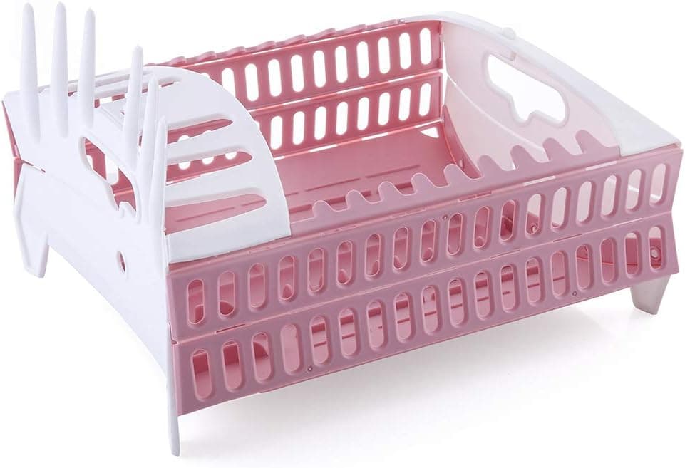 Aspthoyu Dish Drying Rack with Drainboard Foldable Dish Rack and Drainboard Set with Cup Holder for Kitchen Counter Utensil Organizer, Pink