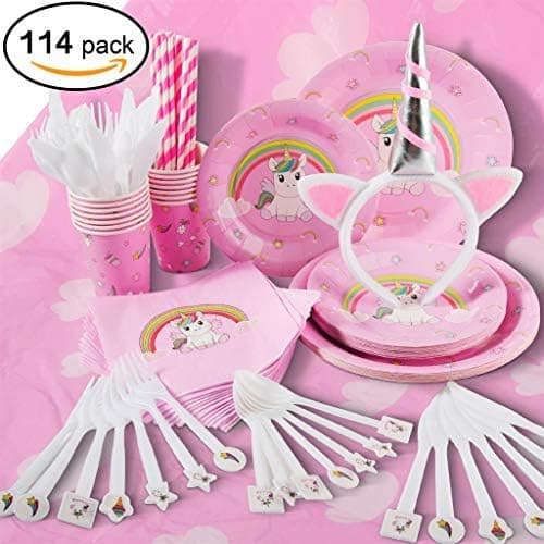 Unicorn Party Supplies | Pink Unicorn Birthday Party Decorations and Tableware For Girls | 114 Pieces Set includes Disaposable Tablecloth, Paper Dinner and Dessert Plates, Cups, Cultery Sets, Straws, Napkins and a Unicorn Headband | Serves 14 People