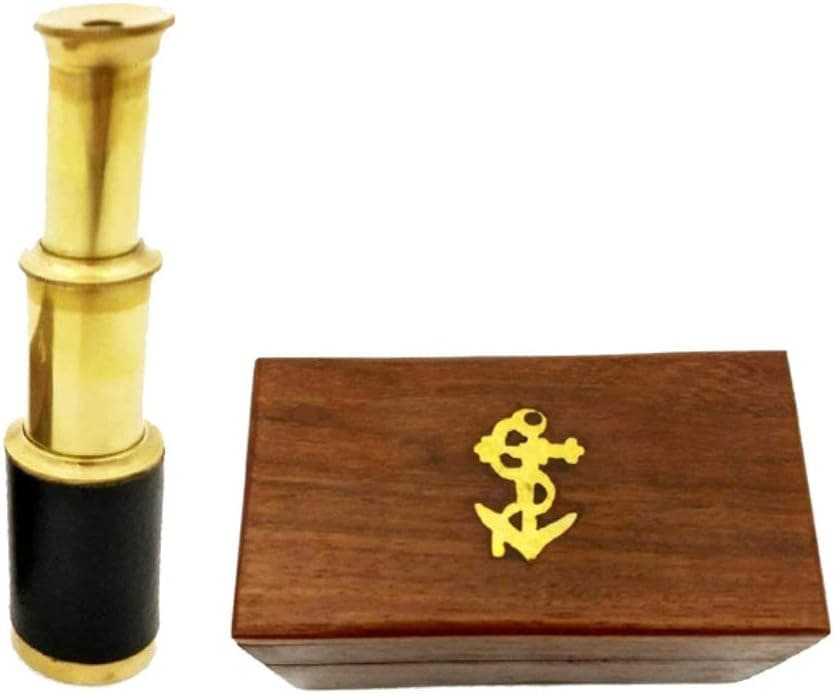 6" Brass Handheld Telescope with Wooden Box - Pirate Navigation with Anchor Wooden Box Rustic Vintage Home Decor Gifts