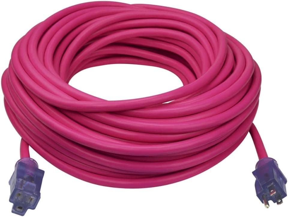 Prime Wire & Cable NS513835 100-Foot 12/3 SJTW Flex High Visibility Extra Heavy Duty Outdoor Extension Cord with Primelight Indicator Light, Neon Pink