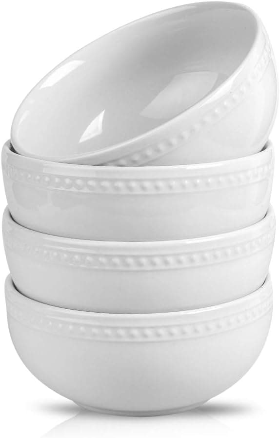 Joyroom Porcelain Cereal Bowl Set, 26 OZ Soup Bowls Microwave Safe, Bakeable Ceramic Bowl Set For Oatmeal Breakfast, Retro Dot Series Set of 4 (Light Grey)