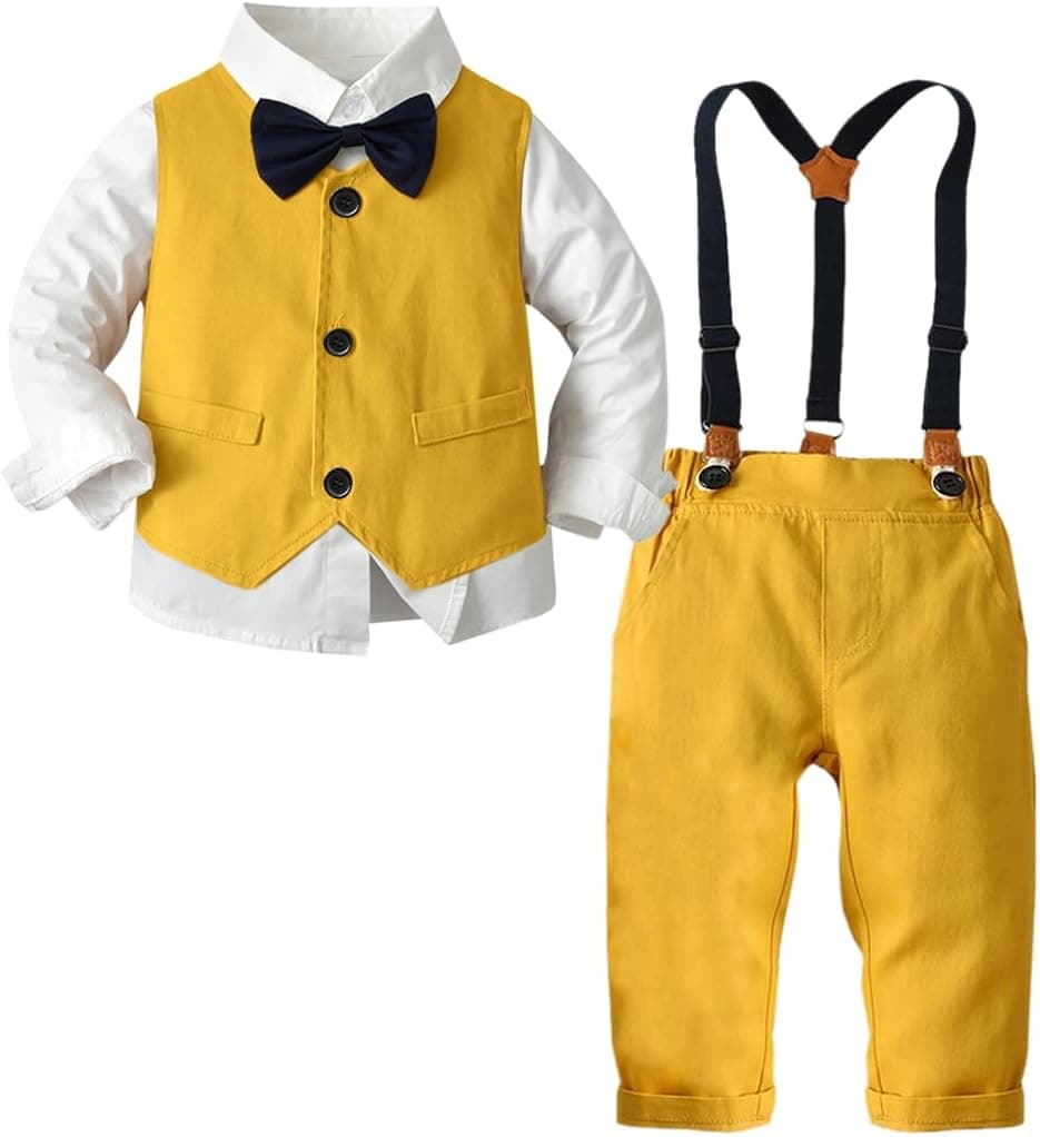 Boys Dress Clothes Set, 3PCS Formal Suits with Bowtie Dress Shirt + Suspender Pants + Suit Vest Wedding Clothing Outfits for Boys, 1# Yellow, 4-5 Years = Tag 130