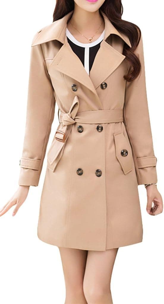 Wantdo Women's Turn Down Collar Double-Breasted Long Trench Coat with Belt