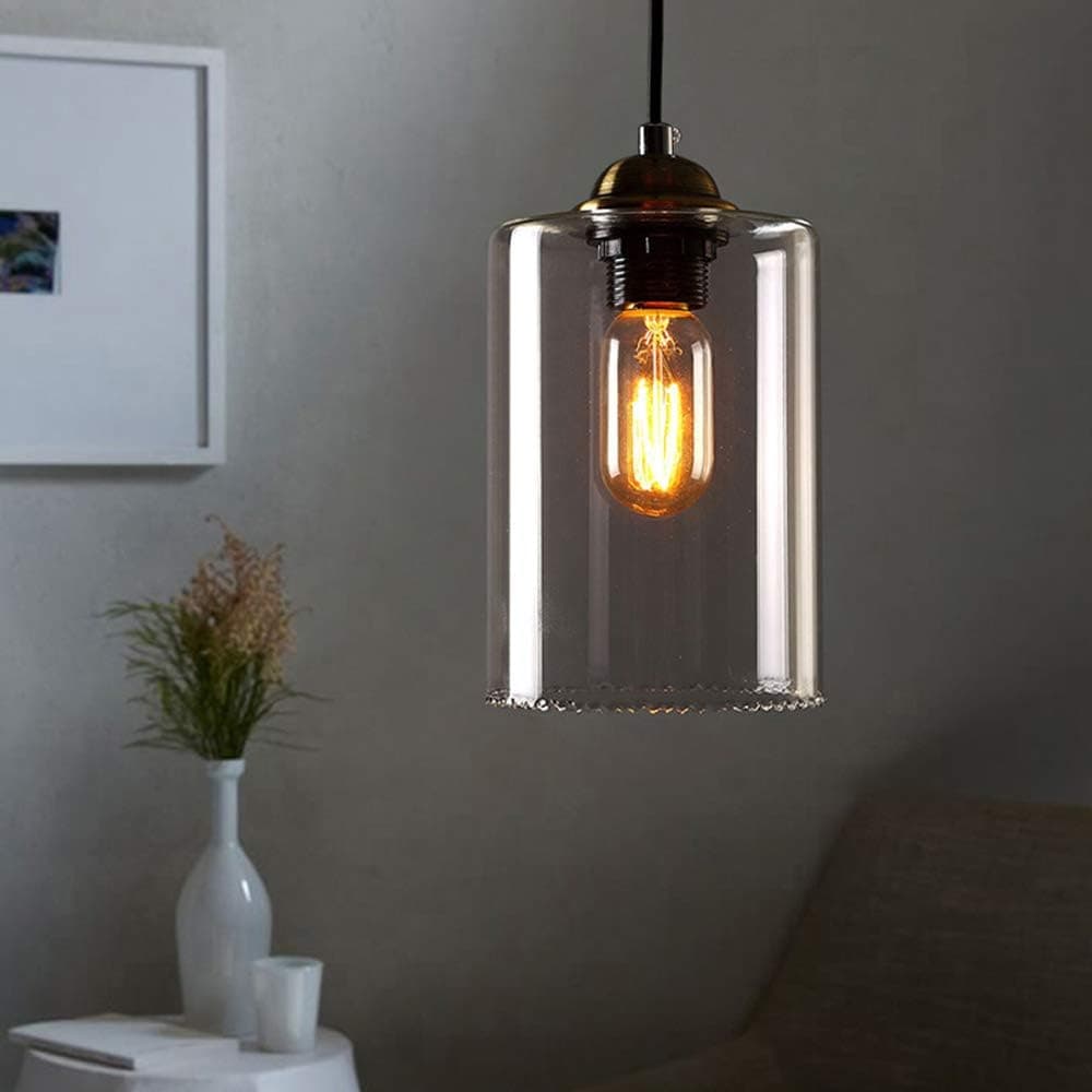 LITFAD Industrial Adjustable 1-Light Mini Pendant Light Pendant Lamp with Cylindrical Shade in Clear Glass Ceiling Light Chandelier Mounted Lighting Fixture for Kitchen Restaurant Bedroom Cafe Bar