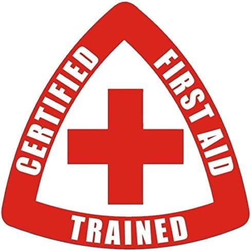CERTIFIED FIRST AID TRAINED STICKER RED ON WHITE HARD HAT STICKER