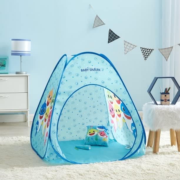 Baby Shark 3 Piece Slumber Set with Kids Indoor Outdoor UPF 30+ Pop Up Play Tent with Pillow and Flashlight