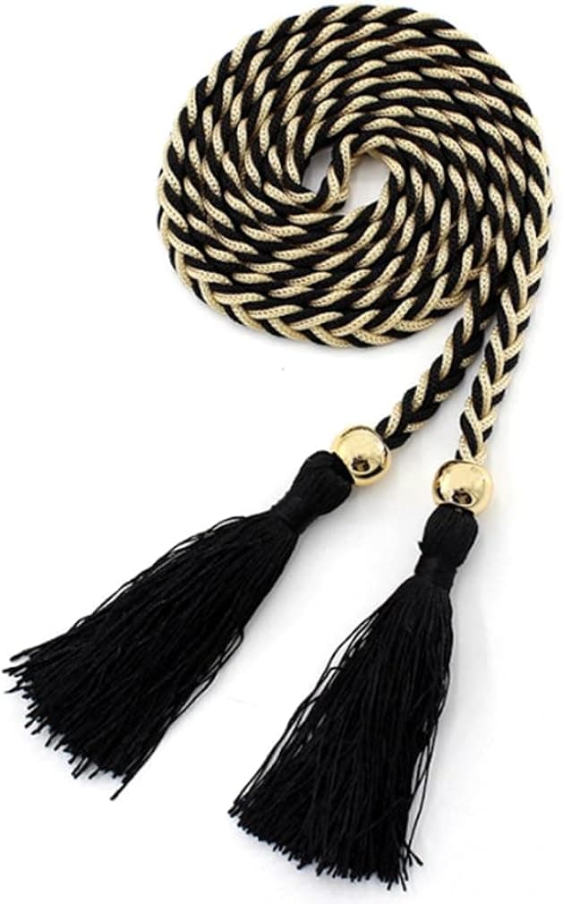 Women Girls Braided Knotted Waist Belt Skinny Mixed Color Rope Exotic Chain Tassel for Dress Skirt