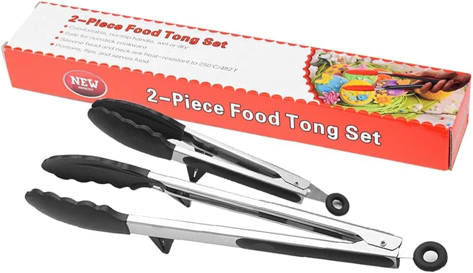 Owijen 2Piece Stainless Steel Kitchen Tongs,Heat Resistant Nonstick Silicone Tips,Perfect for Cooking,Barbecue,BBQ Grill,Picking Bread,Salad.(9-Inch and 12-Inch) (black)