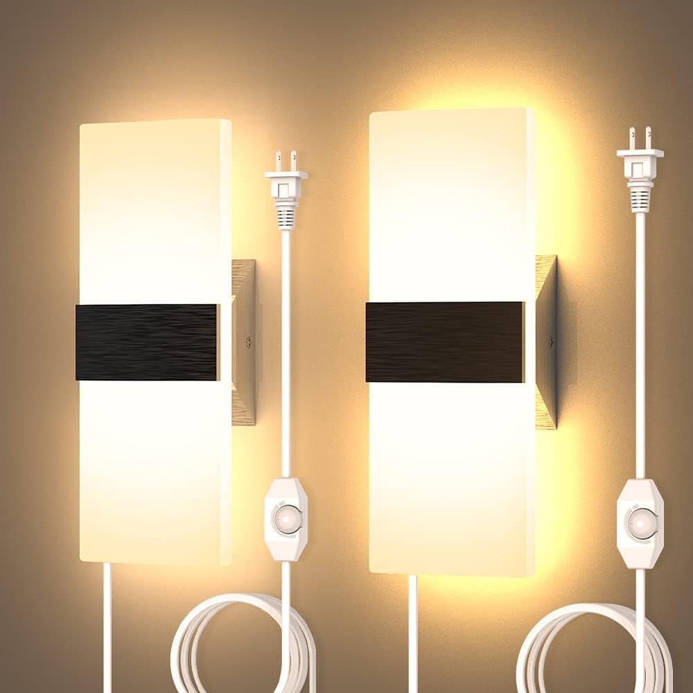 Shinbeam Plug in Wall Sconces Set of Two, Dimmable Wall Light with Dimmer On/Off Switch,12W 3000K Warm White Acrylic Wall Lamp for Bedroom Hallway Living Room(2 Packs)