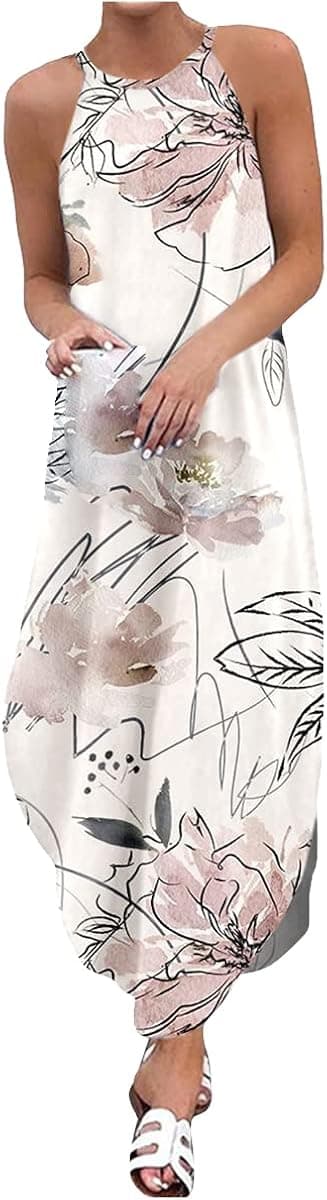 Esopkuu Maxi Dress for Women Summer Sleeveless Casual Loose Pocket Long Dresses Hawaiian Beach Modern T Shirts Dress