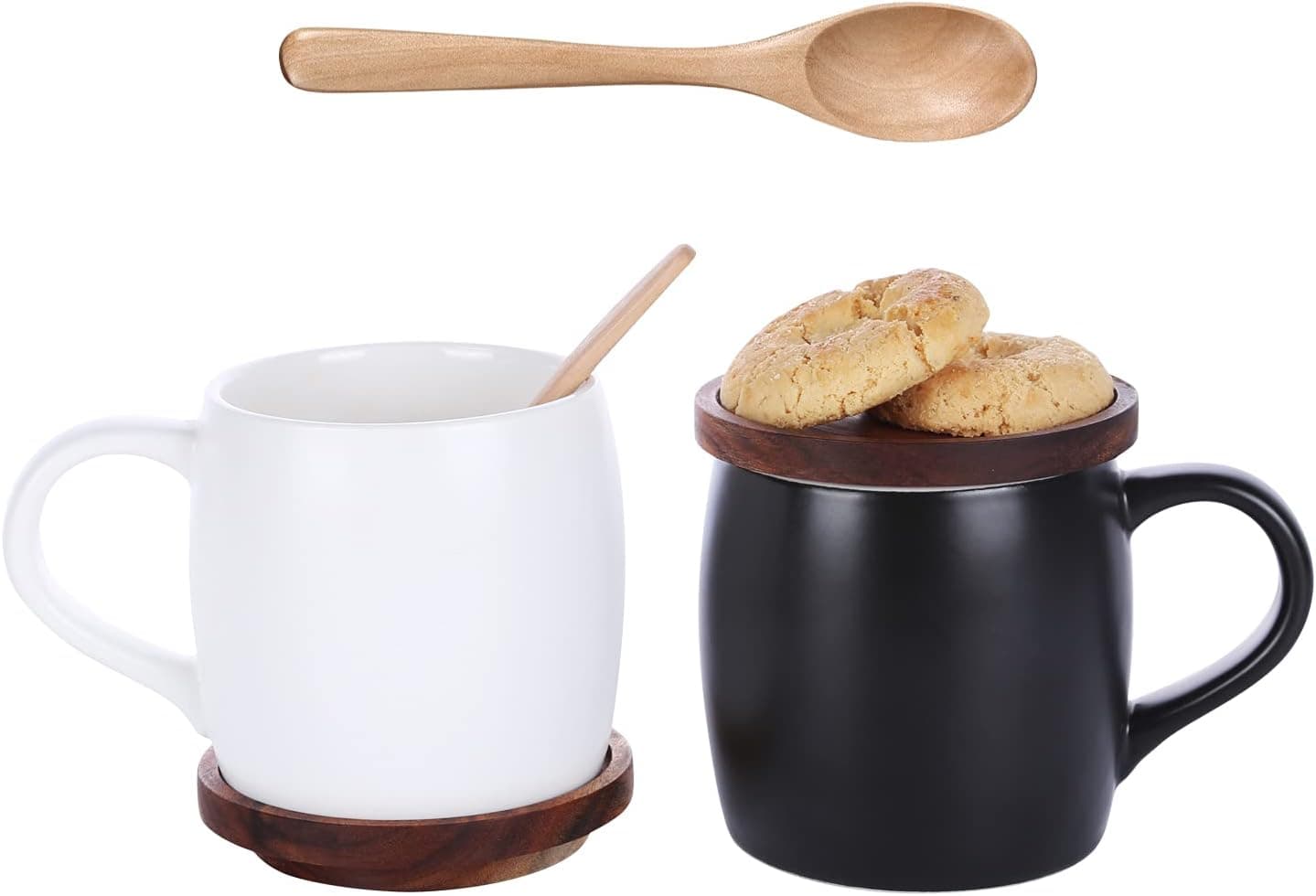 KKC HOME ACCENTS Ceramic Coffee Mug set of 2 with Lid,Ceramic Coffee Mugs Black & White, 13 OZ, Ceramic Coffee Cups