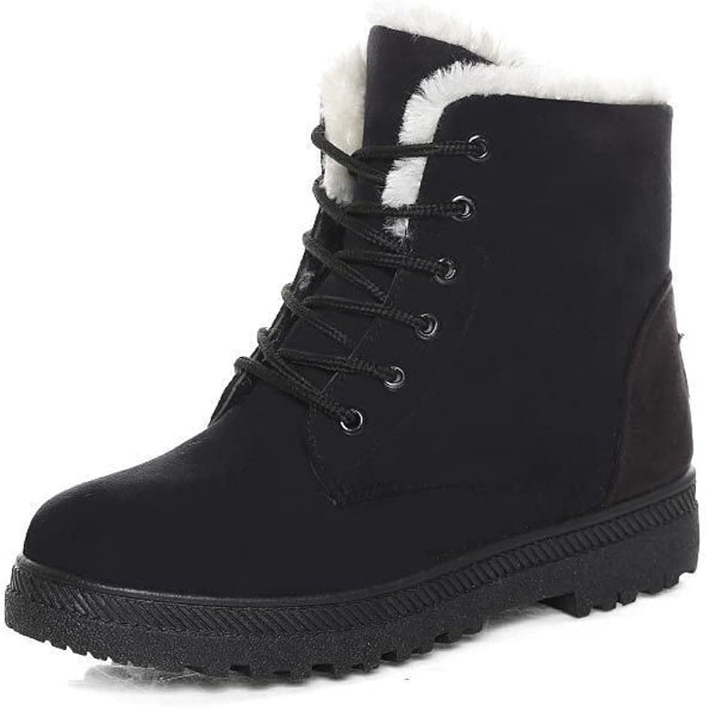 Alicegana Women's Cotton Warm Fur Snow Winter Lace Up Flat Cute Plus Size Comfortable Ankle Platform Boots