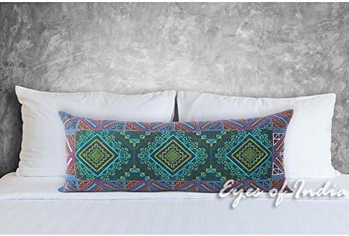 Eyes of India Embroidered Boho Bolster Throw Pillow Cover, Long Lumbar Rectangle Bohemian Cushion Case Sofa Couch, Decorative Accent Bed Living Room, 14x32 inch (36x80 cm), Green Purple