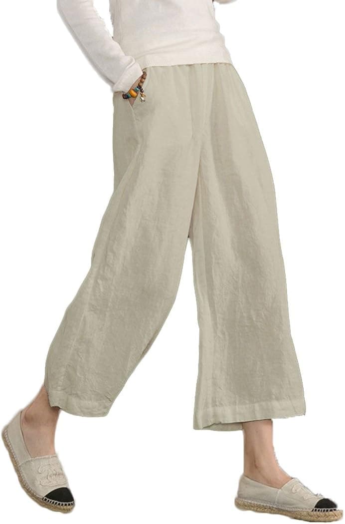 ECUPPER Womens Casual Loose Elastic Waist Cotton Trouser Cropped Wide Leg Pants
