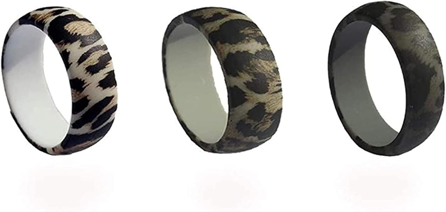 Silicone Wedding Ring for Women Men 8.7mm Thin Leopard Rubber Bands 3 Pack