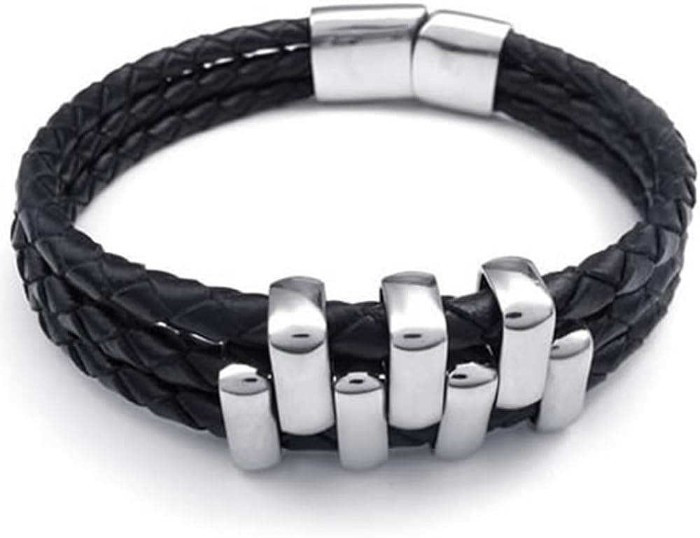 KONOV Leather Men's Bracelet Stainless Steel Charms Clasp, Black Silver - 8", 8.5", 9"