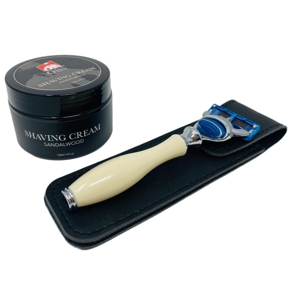G.B.S Men's Shaving Set for a smooth shave, 5 Blade Razor with Faux Ivory Handle Leather Case and Sandalwood Shaving Cream