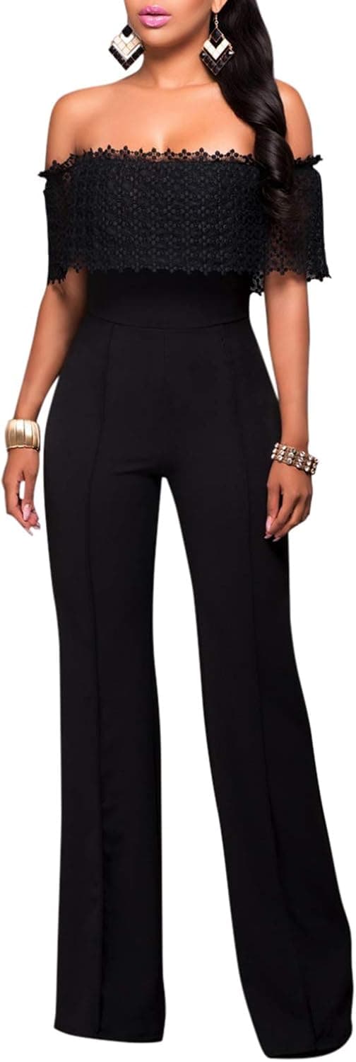 Selowin Women's Off Shoulder Elegant Off Shoulder Pants Jumpsuits Plus Size Black M