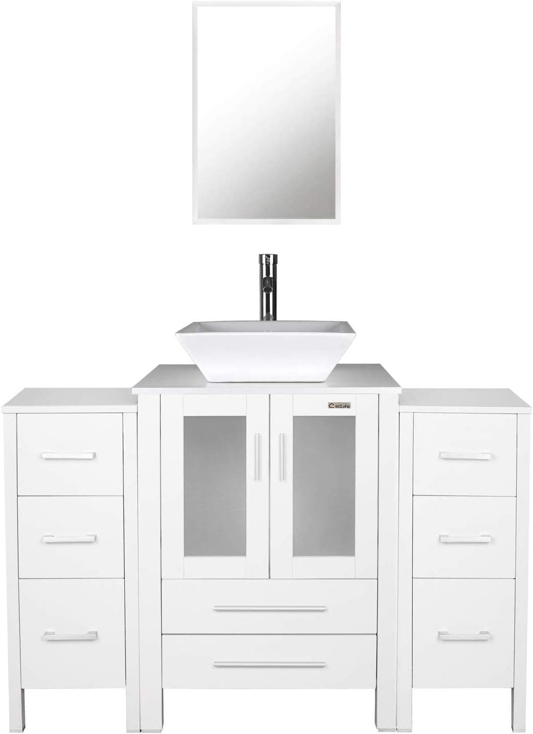 U-Eway 48" White Bathroom Vanities and Sink Combo,Porcelain Vessel Sink(Square),Chrome Faucet,Drain Parts,2 Small Side Cabinet Removable,Mirror Included