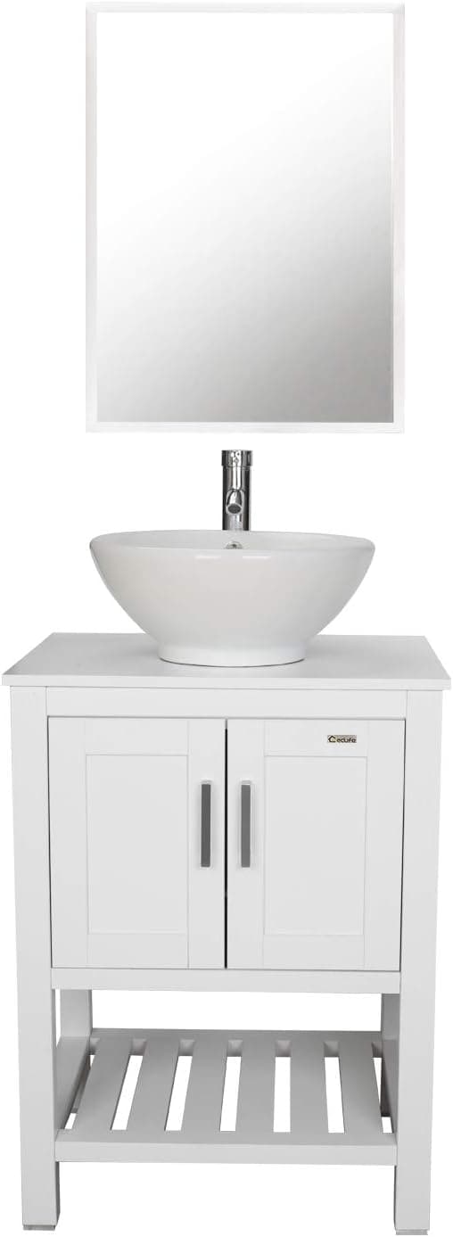 eclife 24” White Bathroom Vanity Sink Combo Cabinet Modern Stand Pedestal W/Round White Ceramic Vessel Sink, Chrome Bathroom Solid Brass Faucet and Pop Up Drain Combo, W/Mirror (A06B06WH)