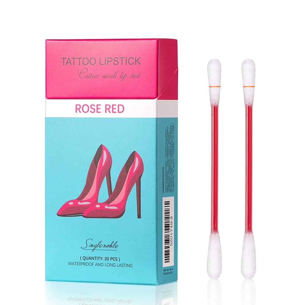 Sokgo 20Pcs Cotton Swab Tattoo Lipstick, Tattoo Lipstick Cotton Swab Lip Tint, Waterproof and Long Lasting Liquid Non-Stick Portable Lip Gloss, Rose Red