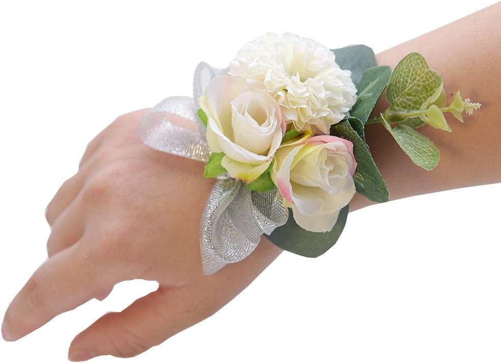 Shiwaki 2pcs Wedding Supplies Decoration Girl Bridesmaid Wrist Flowers Prom Party Wrist Flowers Wedding Decoration Gifts (White)